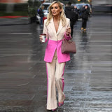 QUALITY Newest 2023 Designer Runway Set Women's Star Style Single Button Color Block Blazer Flare Pants