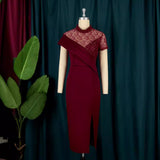 Fongt Large-Size New Round-Neck Lace Retro Dress Lotus Side Short-Sleeved Performance Costume Blackdress