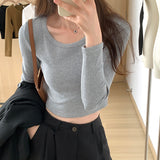 Solid Color Long-Sleeved T-Shirt Women's Early Autumn New Short Style Slim U-Tie Bottom Shirt With A Hundred Collarbone Blouse-Outfit