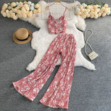Fongt V-Neck Kink Sling Short Top High Waist Pleated Wide Leg Pants Two-Piece Suit-Outfit