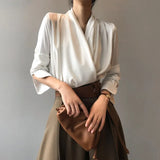 Satin Women's Blouse Summer Grace V-Neck Long Sleeve Top Fashion Solid Shirt High Street Female