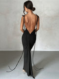 Backless Sexy Maxi Dresses for Women 2023 Spaghetti Strap Ruched Bodycon Dress Wedding Evening Party Dress Elegant
