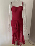 Irregular Ruffles Hem Strap Midi Dress-Outfit