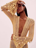 Fongt 2025 New Temperament V-Necked Liangs Sleeve Knitted Long Dress
