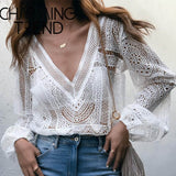 lace hollow women ’s blouse 2020 spring summer deep V sexy long-sleeved top elegant female vacation see-through top