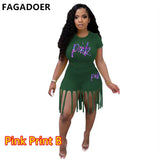 Plus Size Women Set S-5XL PINK Letter Print Round Neck Top And Tassel Shorts Two Piece Sets Casual 2pcs Outfits
