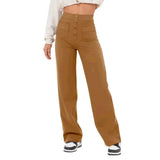 Fongt Fashion New Women's Casual Straight Pants High Waist Button Elastic Belt With Multiple