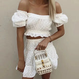 Fongt 2025 New Fashion Leisure Holiday Bubble Sleeve T-Shirt + White Embroidery Shorts Set For