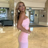 Strapless Pink Tie Up Mesh Midi Dress-Outfit