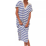 Fongt Summer Dress Women's V-Neck Stripe Low Slit Lapel Long Sweater Even-Outfit