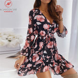 Women Summer Flower Print A-Line Dress Patchwork Design Ruffles Zipper Decor V-Neck Half Butterfly Sleeve High Waist Slim