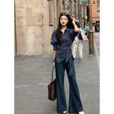 Fongt Temperament To Collect Blue Striped Shirt Women Spring And Autumn Small Design Slim Slim Long Sleeve Top