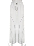 White Casual Baggy Womens Joggers Sweatpants Contrast Stitching Stripe Drawstring Elastic High Waist Hippie Harem