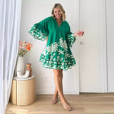 Fongt Summer New V-Neck Print Horn Sleeve Loose Short Dress Woman