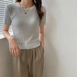 Fongt White Knitted Bottom T-Shirt Hottie New Ice Silk Short-Sleeved Woman Design Slim Short Thin