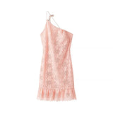 Fongt 2025 New French Dress Women Sweet Style Design Double Lace Spliced Slanted Shoulder Strap