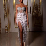 Gorgeous Feather Water Drill Nails Beads Sexy Perspective High Open Fork T-Breast Dress Birthday Party Party