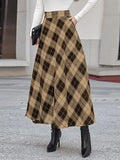 Fongt Autumn Lady High-Rise Thin Lattice A-Shaped Skirt Party Casual Loose Swing Umbrella Skirt
