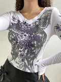 Floral Rhinestone Long Sleeve Crop Top-Outfit