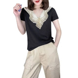 Multilayer Ruffles Patchwork T-shirt Women's Clothing Elegant V-Neck Summer Short Sleeve Solid Color All-match Pullovers-Outfit