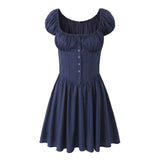 New Autumn Style Square Collar Bubble Sleeve Slim Mini Dress-Outfit