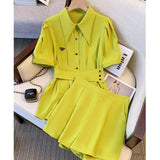 Office Ladies Elegant 2 Piece Set Women Polo Collar Short Sleeve High Waist Top And Shorts Two Piece Set Business