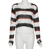 Dark Punk Cut Out Striped Knitwear Pullovers Mall Gothic Long Sleeve Sexy Crop Tops Women Grunge Color Match Alt