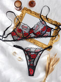 Black Lips Embroidery Sheer Lingerie Set-Outfit