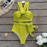 Solid Color Choreette Tied High-Waisted Bikini INS Split Swimsuit Women 2025 New