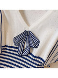 Elegant V-neck Bow Striped High Waist Slim Mini Dress Women's Spring Sleeveless Contrast Stripe Knitted Female