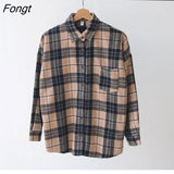Retro Flannel Brushed Thick Plaid Shirts Women Fall 2022 Korean Fashion Baggy Blouse Female Causal Long Sleeve Tops
