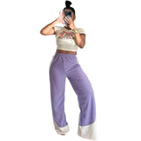 Fongt Women's High-End Fashion Casual Style Stripe Loose Waist Loose Leg