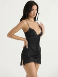 Lace Trim Satin Slip Mini Dress With Corset-Outfit