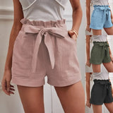 Fongt 2025 Summer Women's Loose Flax Leisure Shorts Pocket Solid Colored High-Rise Broad Legs
