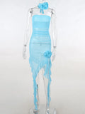Mesh Fringe Flower Brooch Midi Dress-Outfit