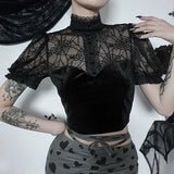 Dark Summer New Trend Sexy Slim Lace Perspective Spider Web Design Blouse Girl-Outfit