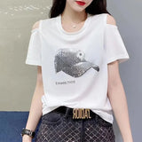 Street Solid Color T-shirt Female Clothing Chic Diamonds 2023 New Summer Stylish Off Shoulder Casual O-Neck Loose Pullovers-Outfit