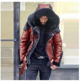 Fongt Men's Imitation Leather Plus Thick Fur One Short Zipper Coat Hooded Men's