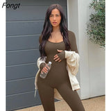 Women Sexy Bodycon 1Piece Jumpsuit Long Sleeve Square Neck Romper Ribbed Knit Yoga Workout Unitard Playsuit Backless
