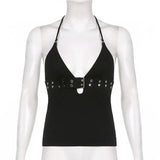 Fongt 2024 Sexy Day Word Button V Neck Low Chest Hanging Neck Tight Navel Bottom Small Vest Top-Outfit