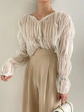 Fashion Pleated Casual Blouse Women Summer New Loose Folds Perspective Chiffon Shirt Long Sleeve Tops Blusas Mujer