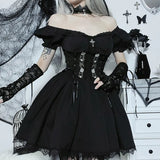 Cross Print Strap Shoulder Lace Spliced Dress Dark Sexy Slim Princess Dress-Outfit