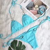 Fongt Bikini 2023 New Sexy Metal Accessories Rhinestone Women's Split Swimsuit Plain Strap