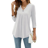 Color Five Yards A Large Number Of Burst Seven-Point Sleeve Solid Color V-Neck Buckle Folded T-Shirt Top