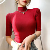Women Half Turtleneck Slim Half Sleeve T Shirts Lady Threaded Fabric Elegant Stretchy Tops Tees Female Basic Sheath T-Shirt-Outfit