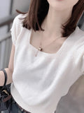 Version Gentle Style Knitted Sweater Women's New Style 2024 Spring And Summer 100 Small Square Collar With Short Sweater Bottomed And Short Sleeves-Outfit