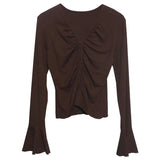 Real Shooting 2024 Autumn Dress Sexy V-Neck Folded Open Fork Short High-Waisted T-Shirt Horn Long Sleeve Bottom Top