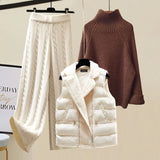 Warm 3 Piece Sets Womens Outfits Office Ladies Turtleneck Knitted Sweater+woolen Parkas Vest+wide Leg Knitting Pants