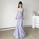 Fongt Stitched Print Sling Dress Women's Summer Fishtail Dress Body Mesh Dress Design Uniformed Ass Long