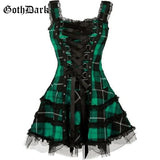 Dark Plaid Bandage Gothic Women A-line Dresses Grunge Aesthetic Lace Trim Patchwork Mini Dress Punk Bodycon Sexy